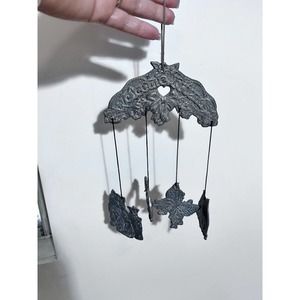 VINTAGE 90’s WELCOME CAT HEART WIND CHIMES BY CARSON MADE IN USA OF PEWTER EUC